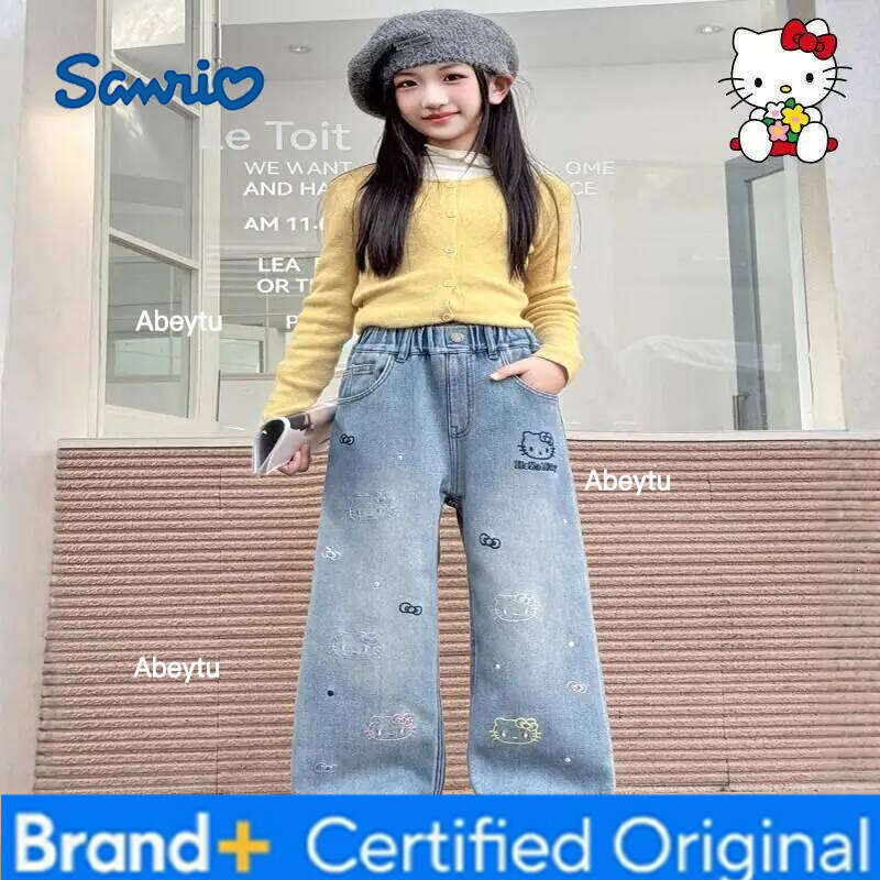 Sanrio Hello Kitty Girl Jeans Kawaii Y2K Anime Children's Clothing Clothes Pants Kids Winter Outerwear Soft Denim Straight Leg H260206