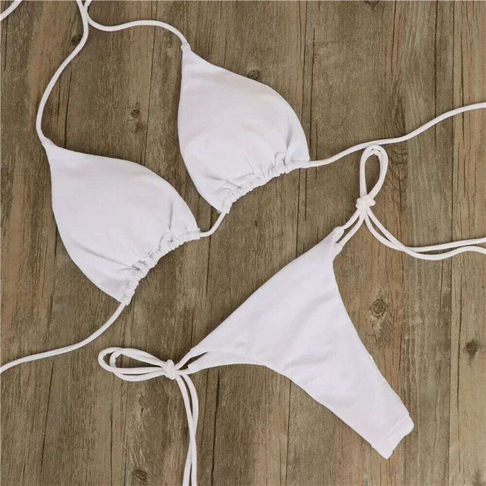 Solid Color Hanging Neck Style Lace-Up Bikini Women's Sexy Adjustable Triangle Beach Swimsuit Steel Bracket No Chest Pad XJ260206