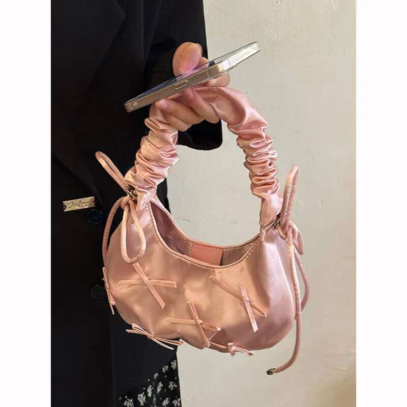 Ladies' Bags Pink Folded Bow Sweet Kawaii Verstaile Lolita New Handbags High Quality Luxury Brand Shoulder Bag For Girl Y260205