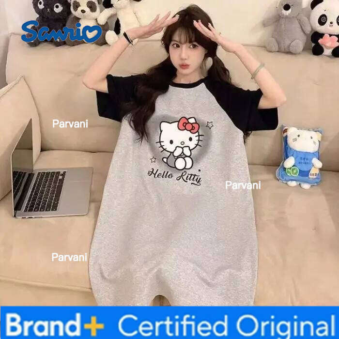 Sanrio Cute Hello Kitty Cartoon Anime Pajama Girl Summer Imitation Cotton Nightgown Can Be Worn Outside Home Clothes Comfortable Dress H260206 - view 4