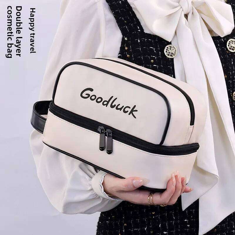 Women's Double Layer PU Leather Makeup Bag Portable Travel Cosmetic Organizer Toiletry Pouch for Beauty Essentials Y260206