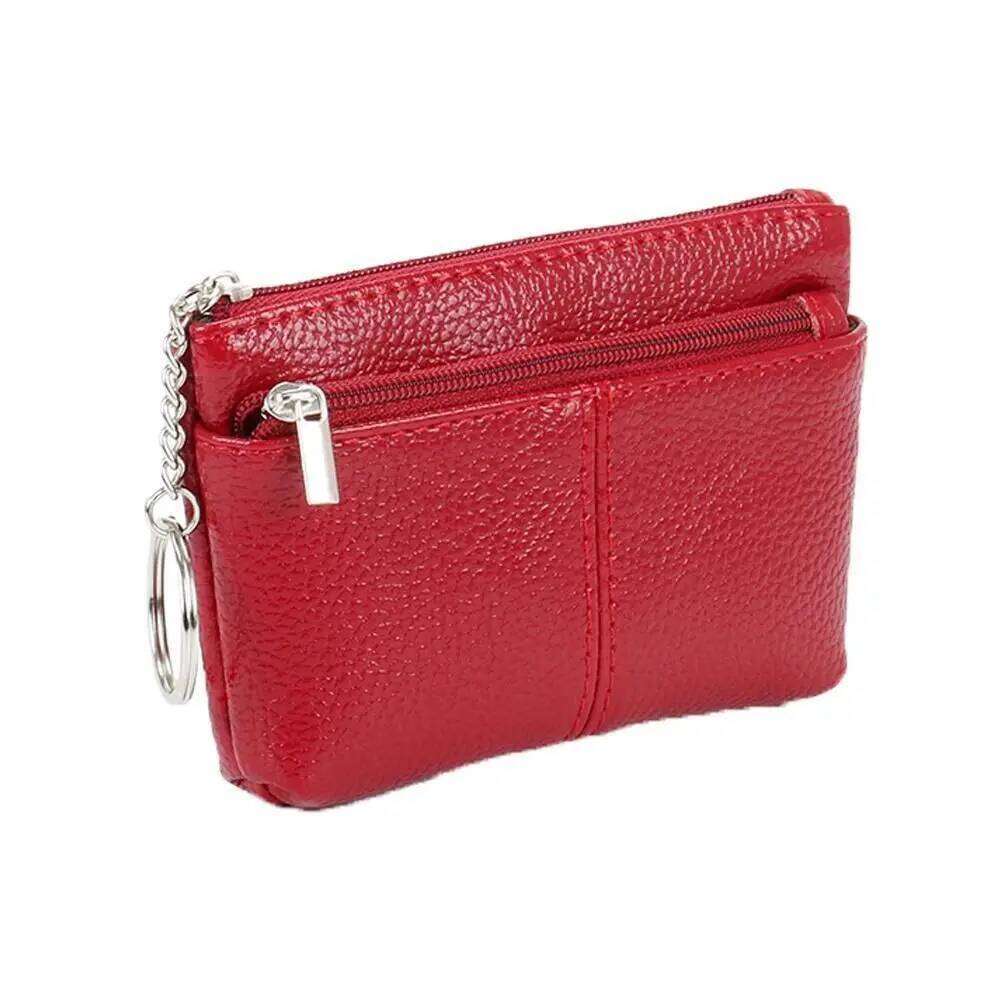 Portable PU Coin Purse Mini Zipper Leather Purses with Keychain Solid Color ID Credit Card Holder Y260206