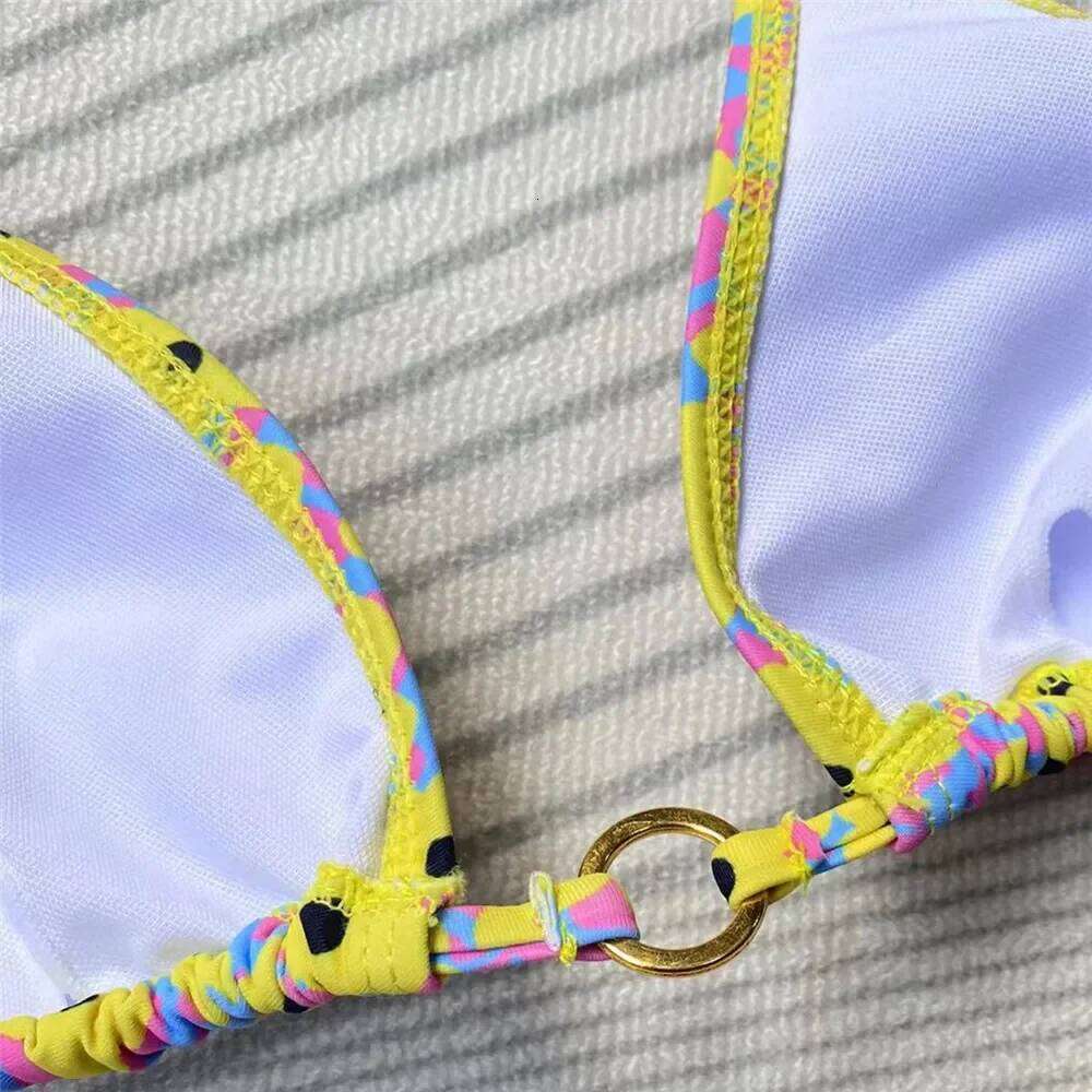 Sexy Yellow Floral Print Swimsuit Micro Bikini Thong 2025 Women String Halter Swimwear Bathing Suit Biquinis Mini Bikinis Sets XJ260206