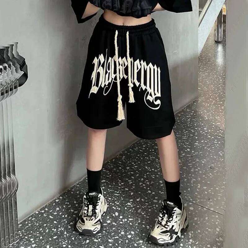 Y2K Bf Drawstring Printing Women Fashion American Style Streetwear Sports Hip Hop Loose Casual Wide Leg Shorts XJ260206