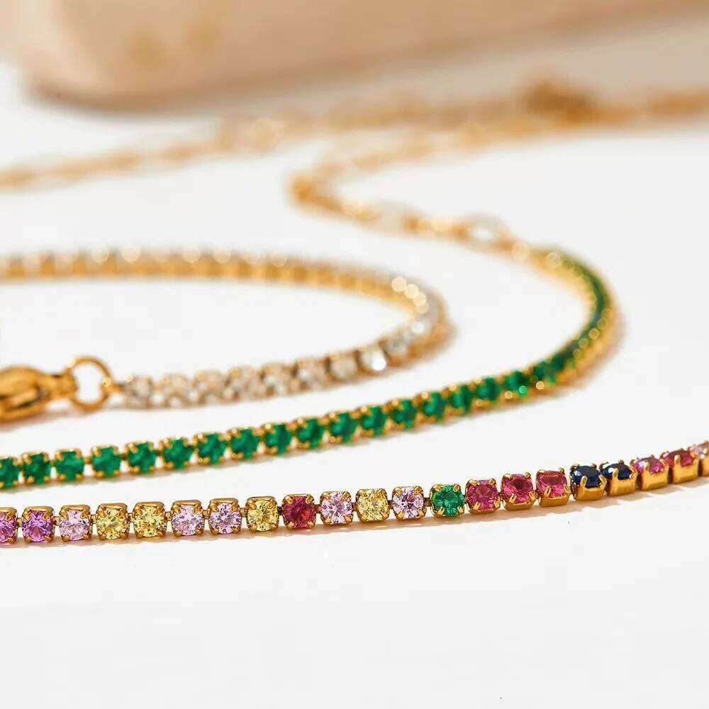 Luxury Exquisite Geometric Square Colored Zircon Stainless Steel Paperclip Chain Bracelets for Women Trend Jewelry Does Not Fade 26H0206
