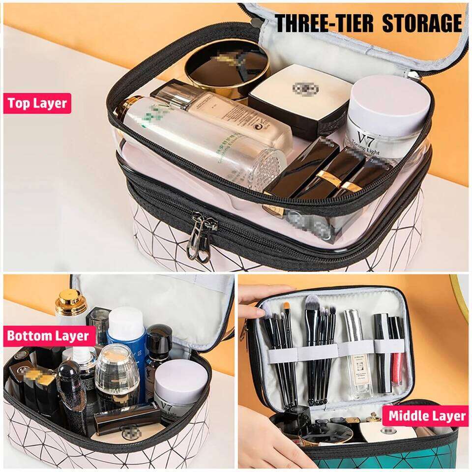 Doublelayer Makeup Bag,Waterproof PVC Travel Pouch Portable Washbag Y260206