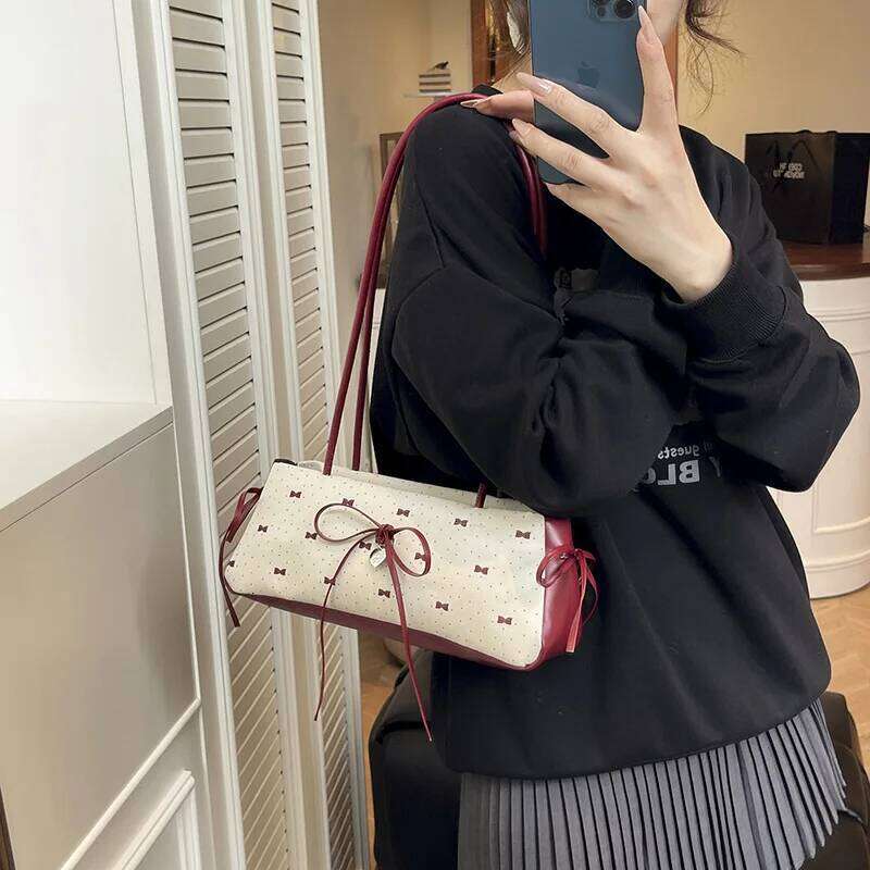 Women's Sweet Style High End Underarm Bow Print Commuter Fashionable Single Shoulder Handbag Trendy Cute Small Bag XJ260129