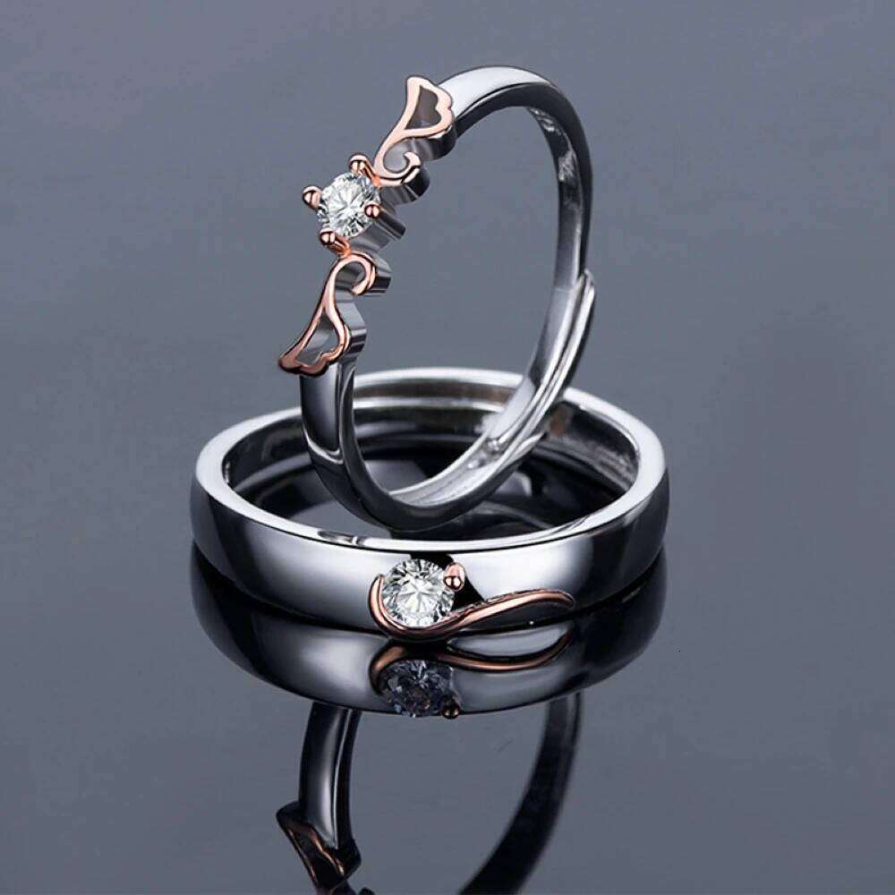 1 Pair Angel Wings Double Flying Adjustable Couple Ring Men Women Silver With Rose Gold Wedding Finger Jewelry Drop Shipping W260206