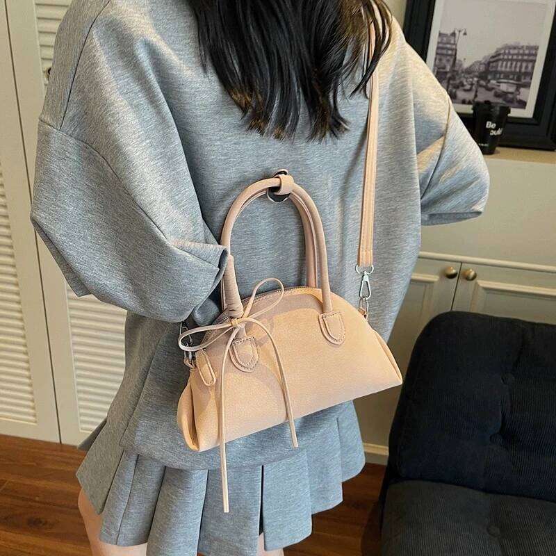 Summer Women Fashion Shoulder Bag Solid Color PU Zipper Bow Texture Handbag Korean Casual Retro Female Commuting Bags Y260205