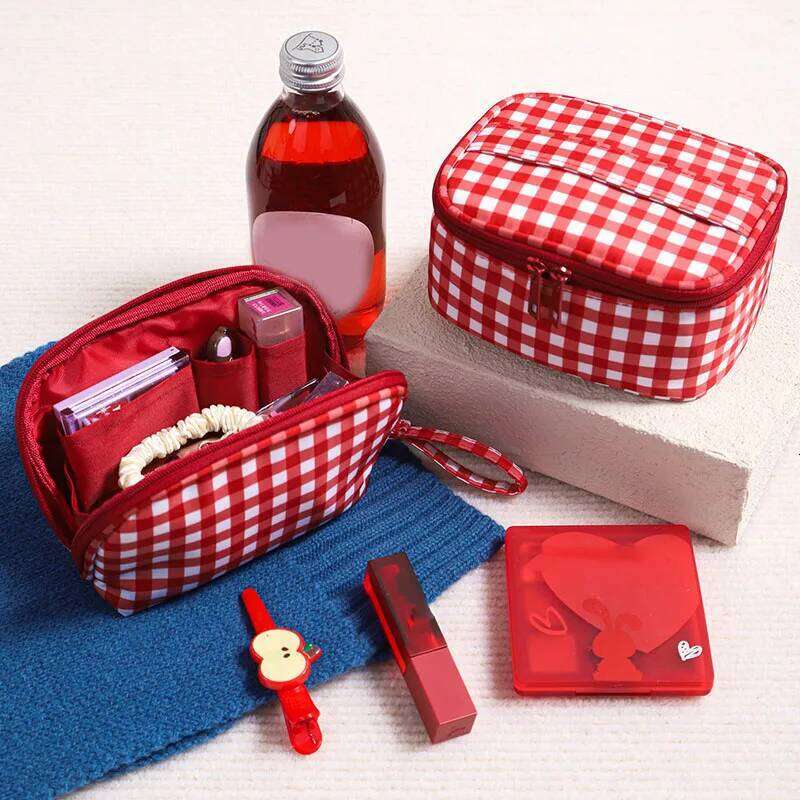 Cute Red Purple Plaid Handbag Zipper Travel Portable Cushion Case & Makeup Pouch Small Large Toiletry Cosmetic Bag for Women Y260206