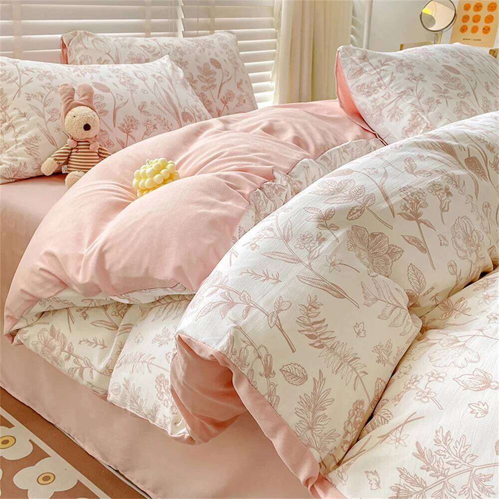 Beautiful Duvet Cover Cute Plant Flower Sheet for Women and Girls Washed Cotton Pillowcase Home Textiles Four-Piece Bed Set XJ260206