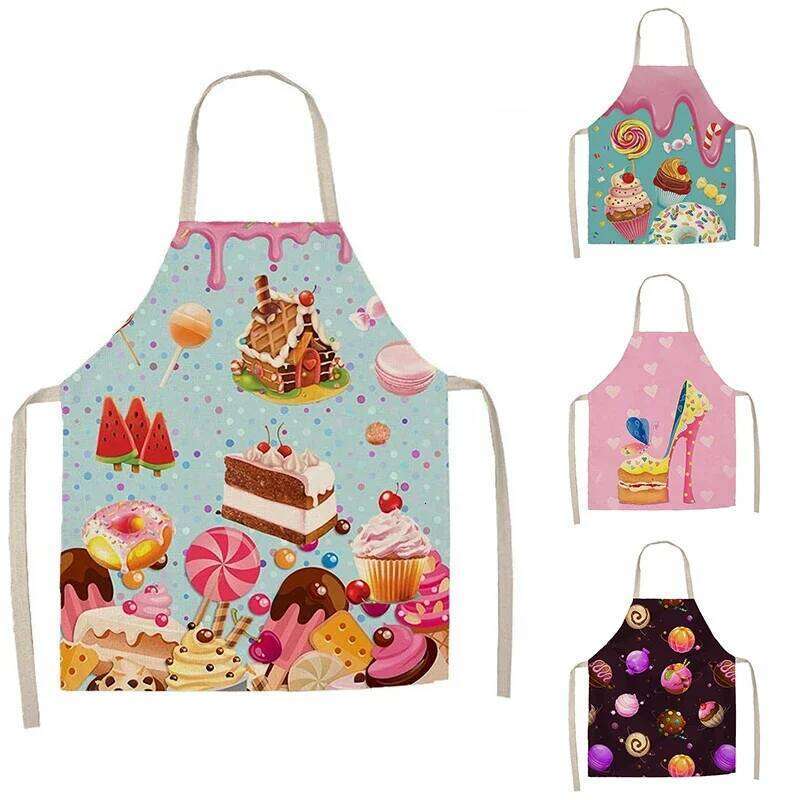 1 piece cake donut pattern printed linen kitchen cooking baking apron home cleaning anti-stain tool S260205