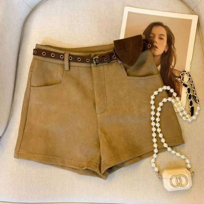 Deerskin Personalized Shorts for Women Autumn Style High-waisted Wide-leg with Hip-covering Pants Waist Bag XJ260206