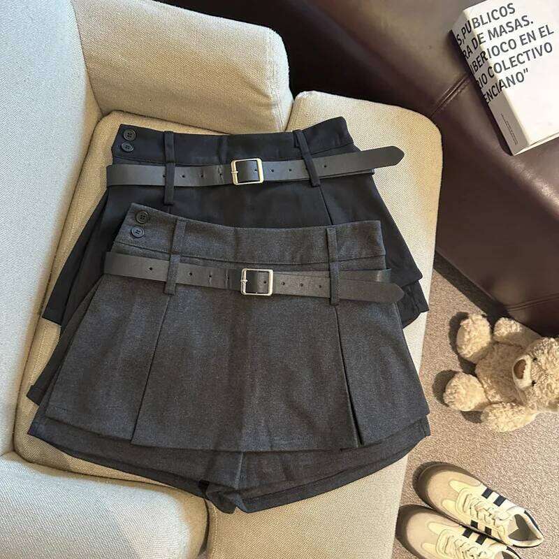 Women's Woolen Mini with Belt A- Line Slimming Pleated High Waist Fashionable Autumn Winter New Style Short Skirt XJ260206