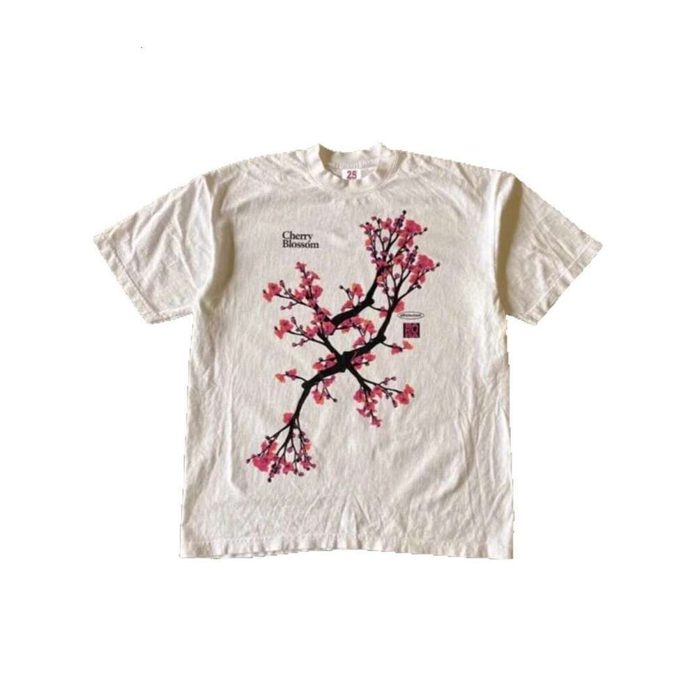 250g heavyweight pure cotton! American-style oversized peach blossom tree vintage print loose-fitting short-sleeve T-shirt for couples, women and men