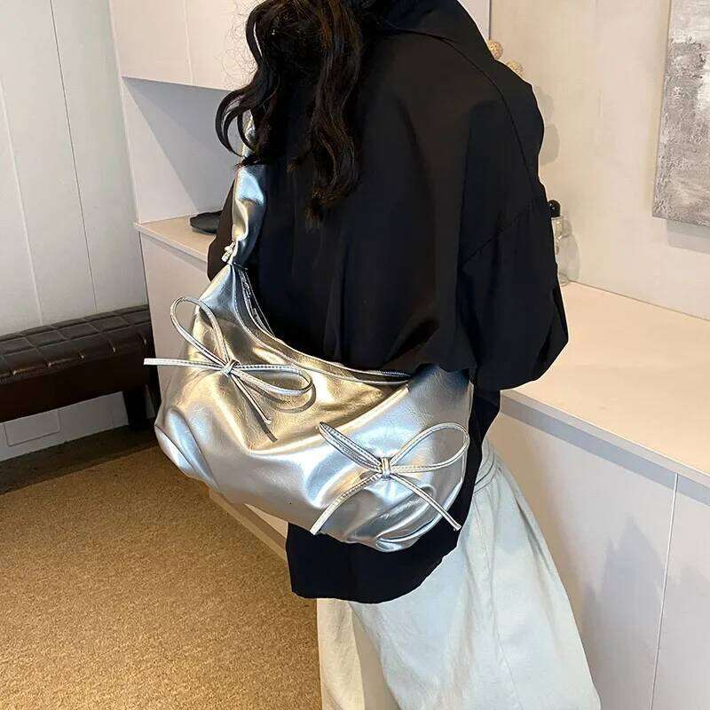 LEFTSIDE Small Bow Design PU Leather Shoulder for Women 2024 Fashion Y2K New Trend Handbags and Purses Silver Crossbody Bag Y260205