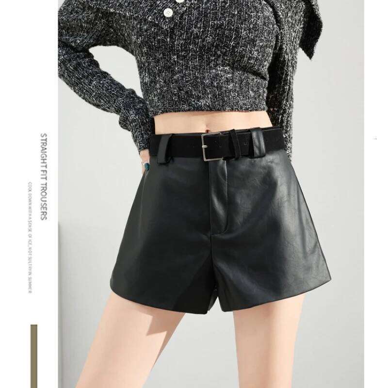 High Quality PU Leather Shorts Women Fall Winter High-waisted Wide-leg Boots with Belt Female Vintage A-line Short Pant 2025 XJ260206