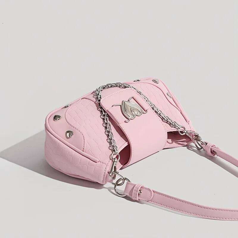 Fashionable Y2K Hot Girl Handbag, Motorcycle Style Solid Color Women's Bag, Commuting Heart Chain Shoulder Armpit Bags Y260205