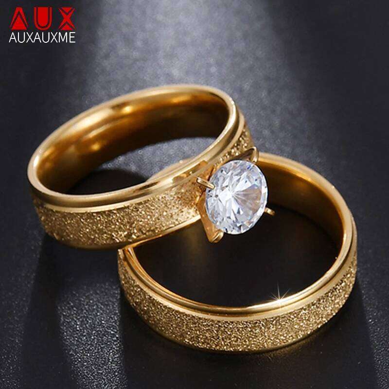 Auxauxme Bling White Stones Engagement Rings for Couples Golden Titanium Steel Romantic Wedding Ring Women Men Jewelry W260206