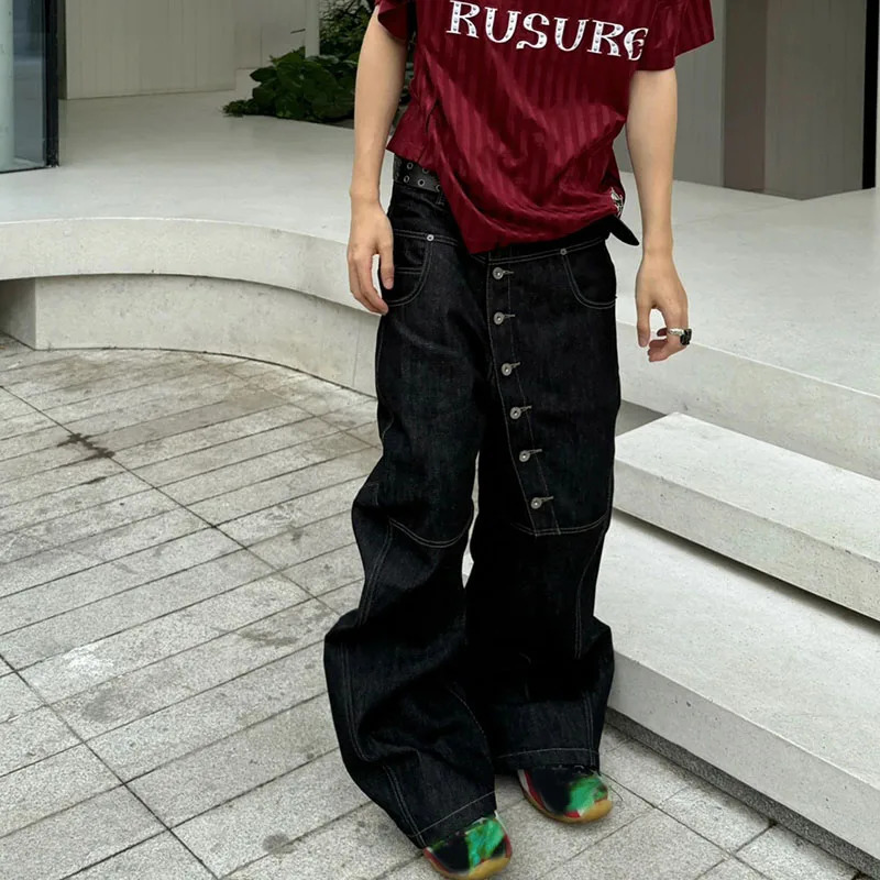 Korean High Street Buckle Curved Jeans Autumn MenS Loose Straight Leg Pants Black Wide Casual HipHop 260127