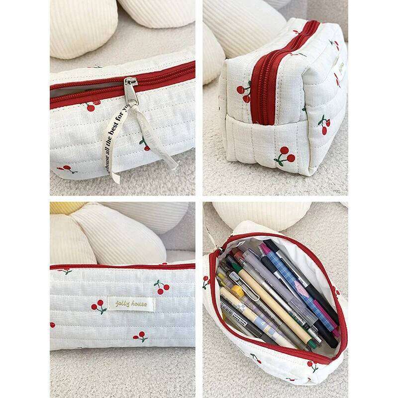 1pc Cherry Embroidered Pattern Large Capacity Women's Cosmetic Bags Portable Travel Storage Bag Pencil Case Handbags Y260206