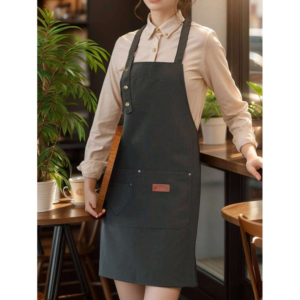 Restaurant caf cooking; kitchen canvas apron for ladies with 3 adjustable shoulder straps and large pockets; chef's b S260205