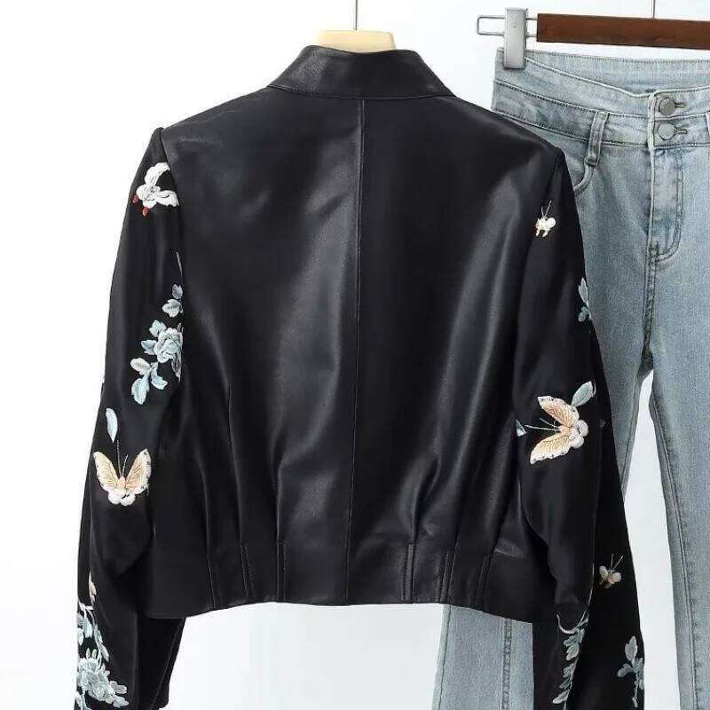 Embroidery Patchwork Jacket Women's Spring Autumn PU Leather Coat Long Sleeves Button Design Outerwear