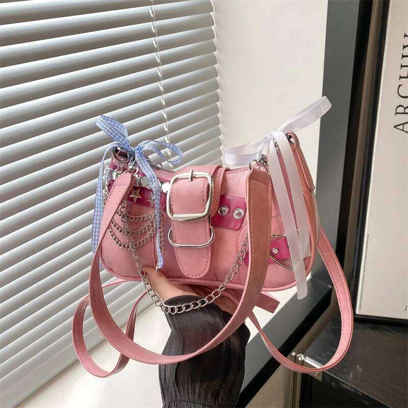 Y2k Retro Womens Chain Shoulder Bags PU Leather Ladies Small Underarm Sweet Bow Star Trend Female Crossbody Bag Handbags Y260205