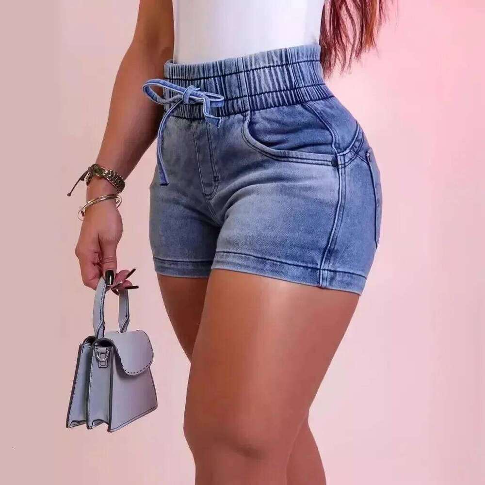 Summer Denim Short Women Jeans Shorts Stretch Mid Waist Sexy Slim Fit Drawstring Pleated Pockets Slight Solid Regular C260206