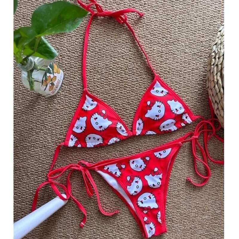 Swimsuit Hello Kitty Print Cute Girls Sexy Bikinis Set Bandage Sweet 2Pcs Micro Bikini Swimwear Women Bathing Suit Beach Summer Z260206