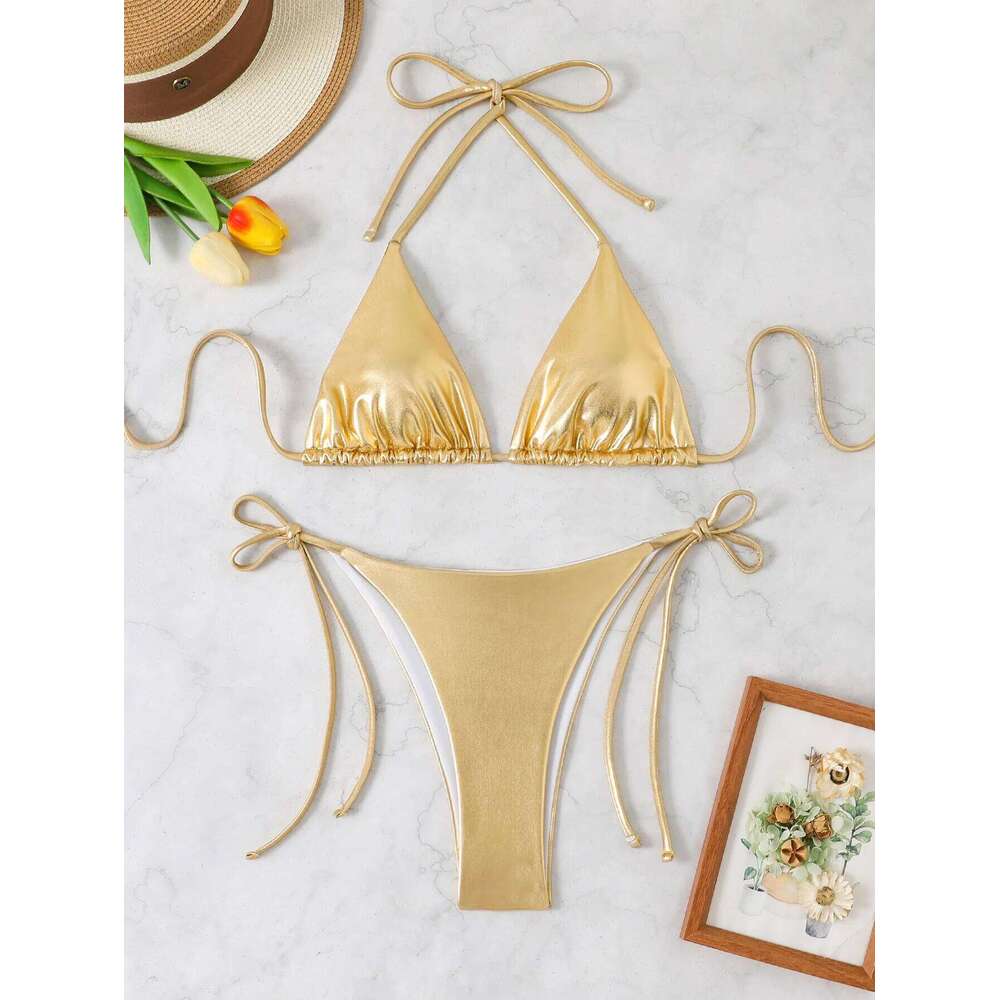 sexy metallic glitter halter tie micro bikinis sets two pieces solid thong bandage swimsuit bathing suit swimwear biquini Z260206
