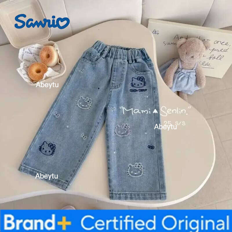 Sanrio Hello Kitty Straight Leg Jeans Girls Casual Spring 2025 New Cartoon Cute Kitten Embroidery Trendy Fashion Denim Pants H260206