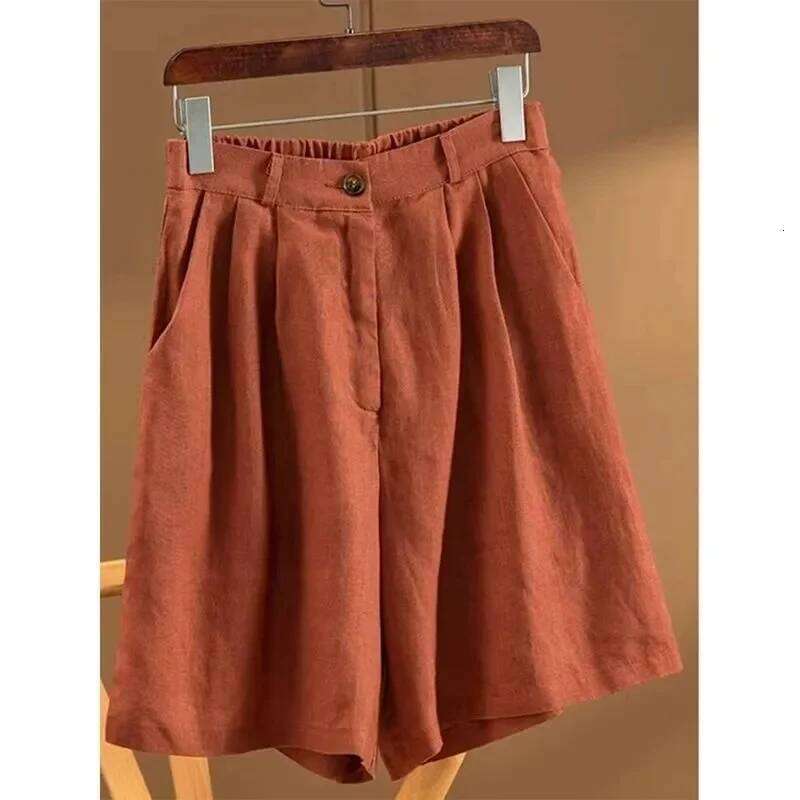 Khaki Solid Casual Linen Cotton Elastic High Waist Wide Leg Button Loose Women's Korean Fashion Summer Shorts Women XJ260206