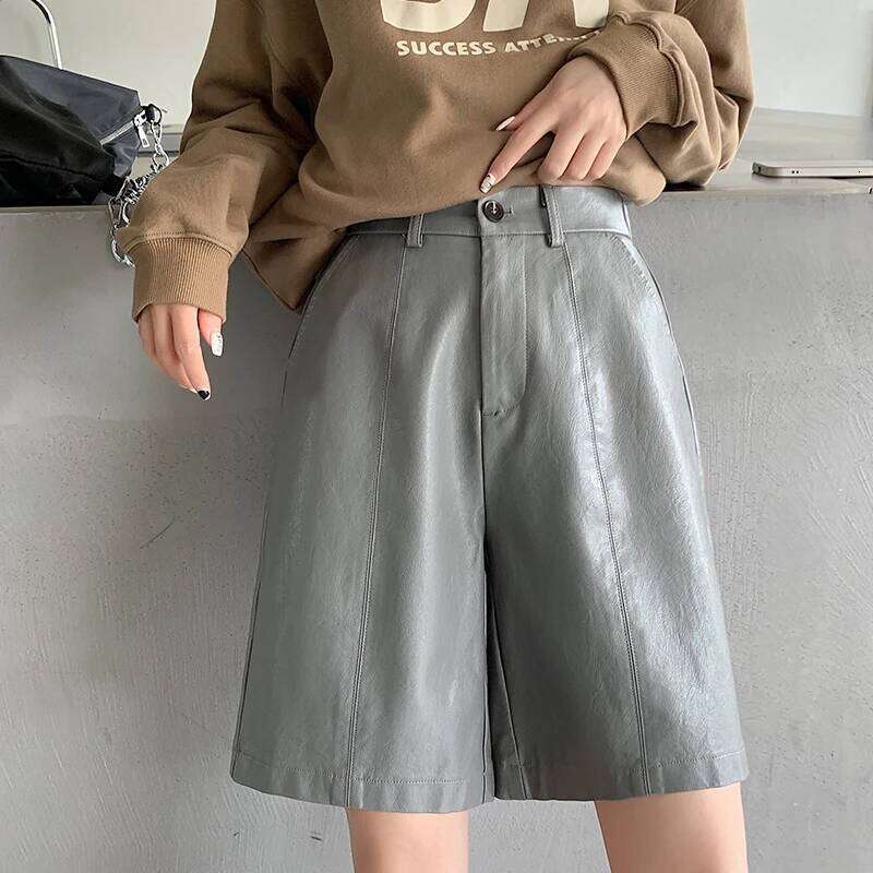 Autumn Winter PU Leather Women's Shorts Grey High Waist Buttons Elegant Korean Casual Loose Wide Leg Half Pants Female 2024 New XJ260206