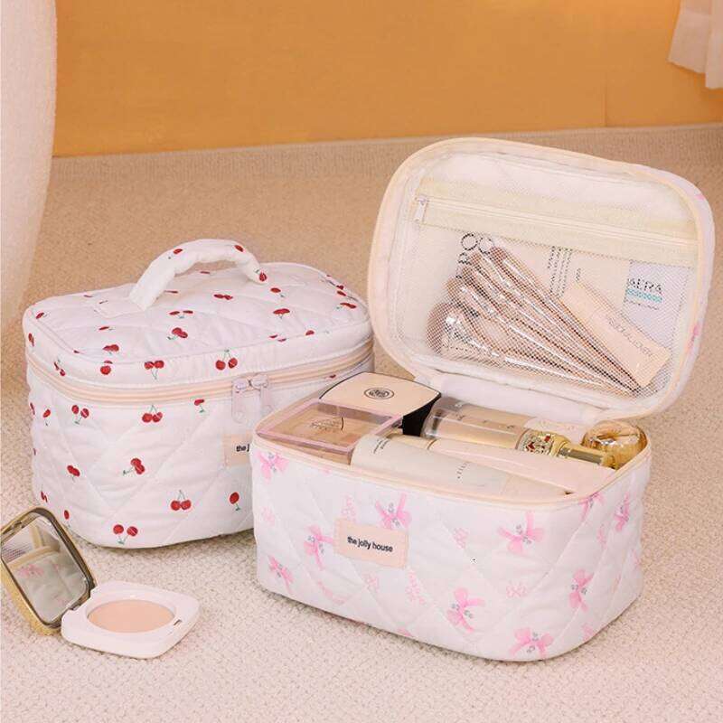 Women's cotton makeup cute bow Cosmetic Bag girl's large-capacity skin care product storage portable travel toiletry bag Y260206