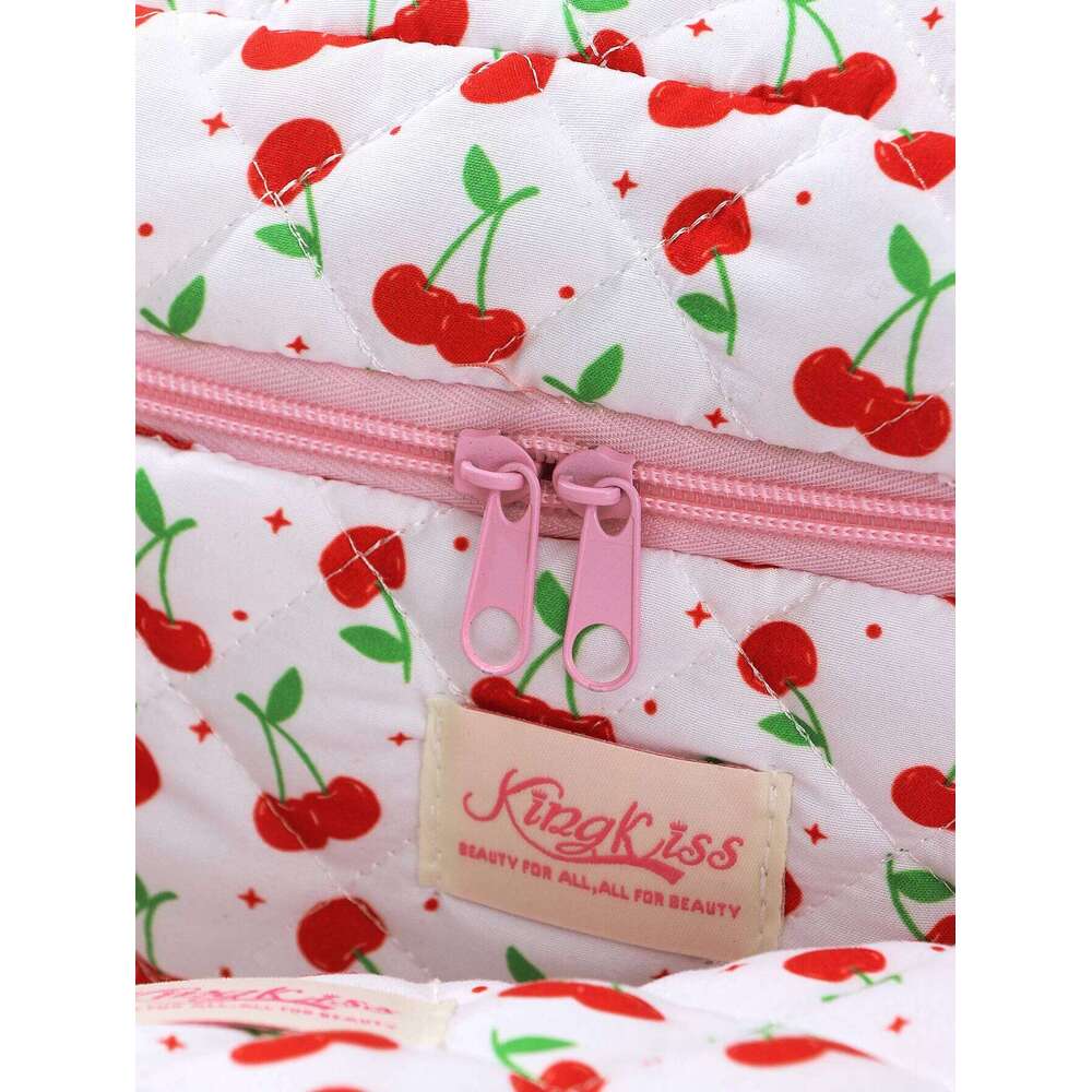 3-piece green leaf and big cherry quilted essential travel bag, cute large-capacity makeup bag Y260206