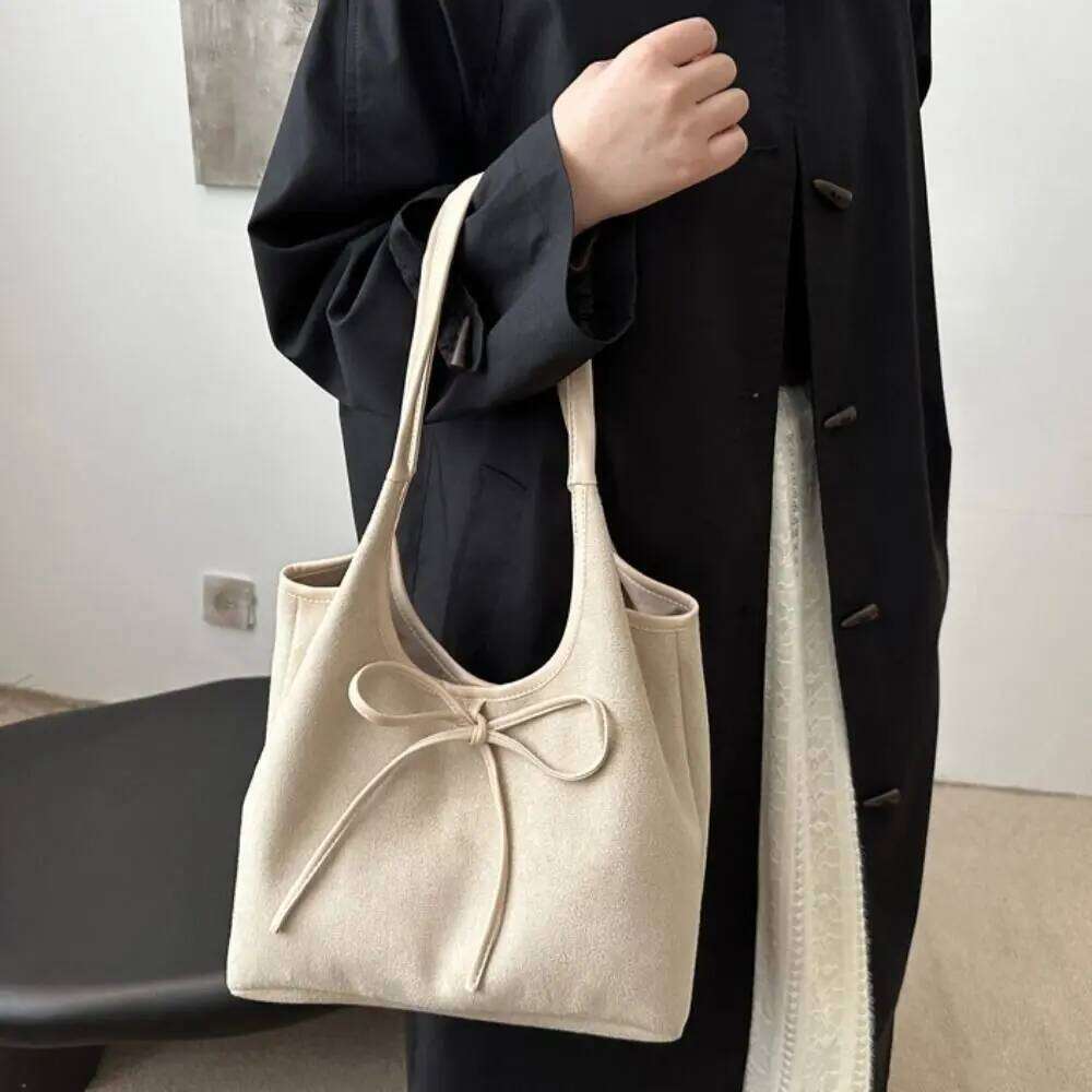 Simple Elegant Bow Tie Shoulder Korean Style Bowknot Retro Underarm All-match Lightweight Wool Tote Bag Women Y260205