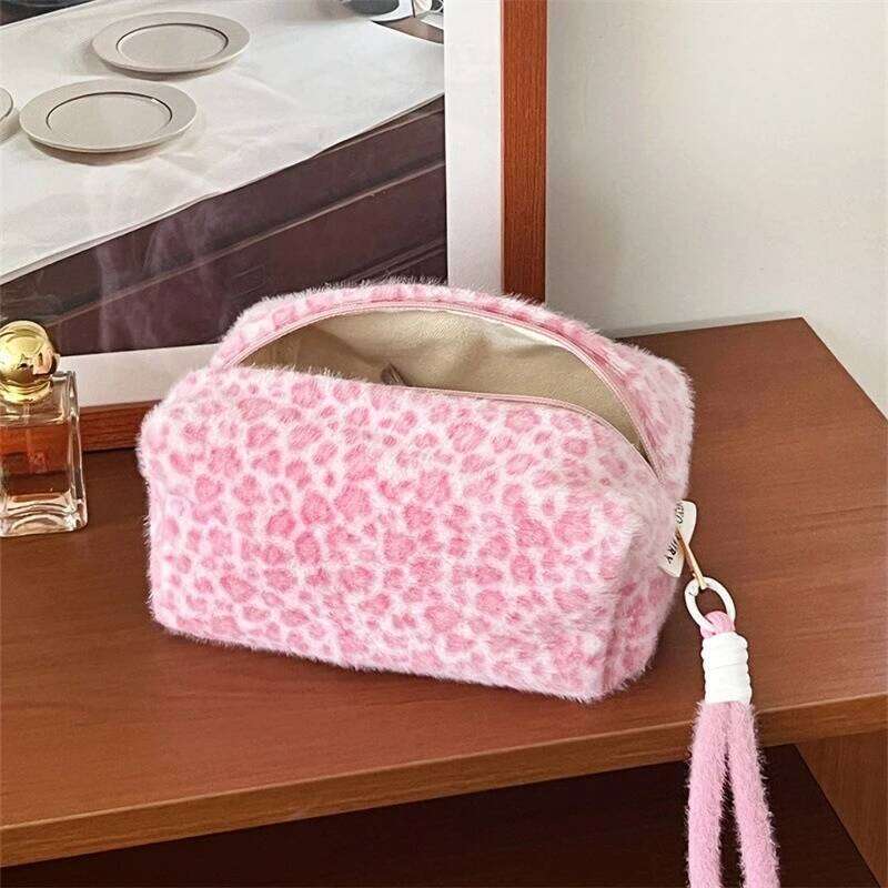 Soft Leopard Print Makeup with Handle Large Capacity Pink Tote Cosmetic Bag Portable Travel Pencil Organizer for Women Girl Y260206
