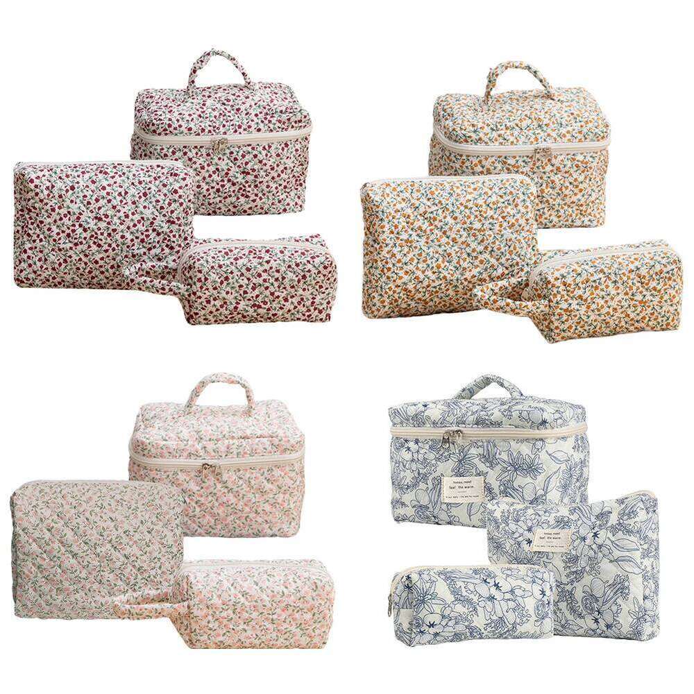 3Pcs Floral Travel Makeup Pouch Cotton Quilted Cosmetic Organizer Case Large Capacity Skincare Bag with Zipper for Women Girls Y260206
