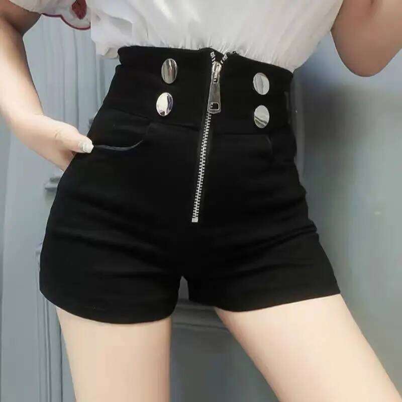 Summer New Korean Double Breasted Black A-line Shorts Women High Waisted Pockets Sexy Trendy Straight Thin Short Pants 2024 XJ260206