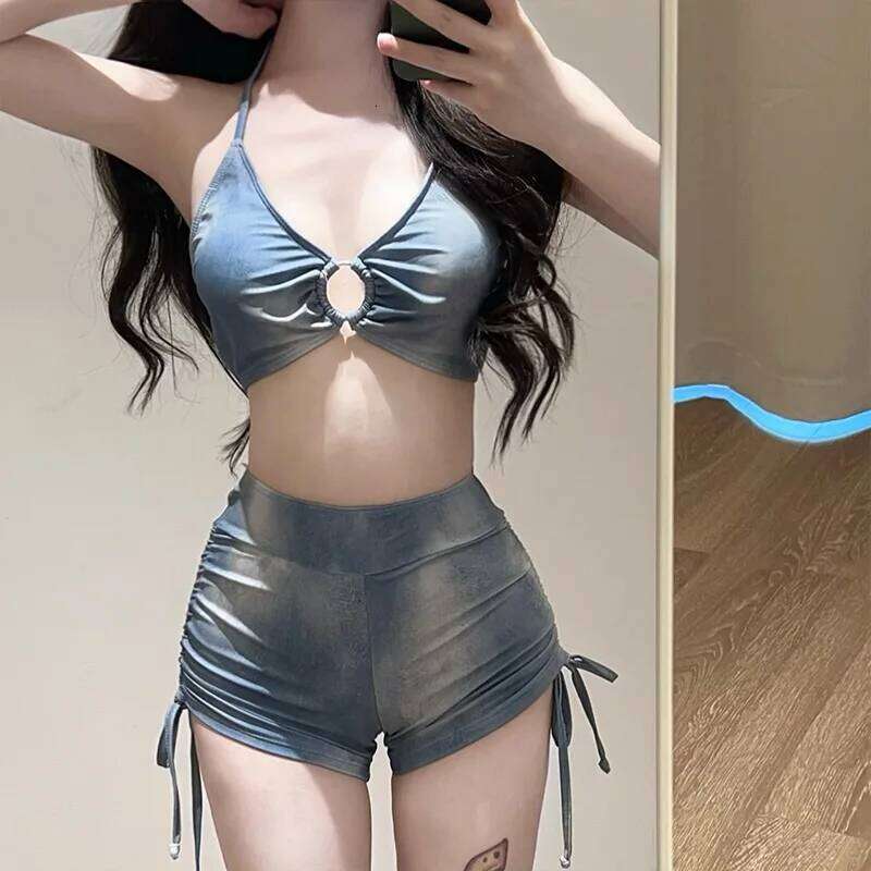 Blue Tie Dye Split Bikini Cover, Sexy Women's Hot Spring Swimsuit Three Piece Set XJ260206