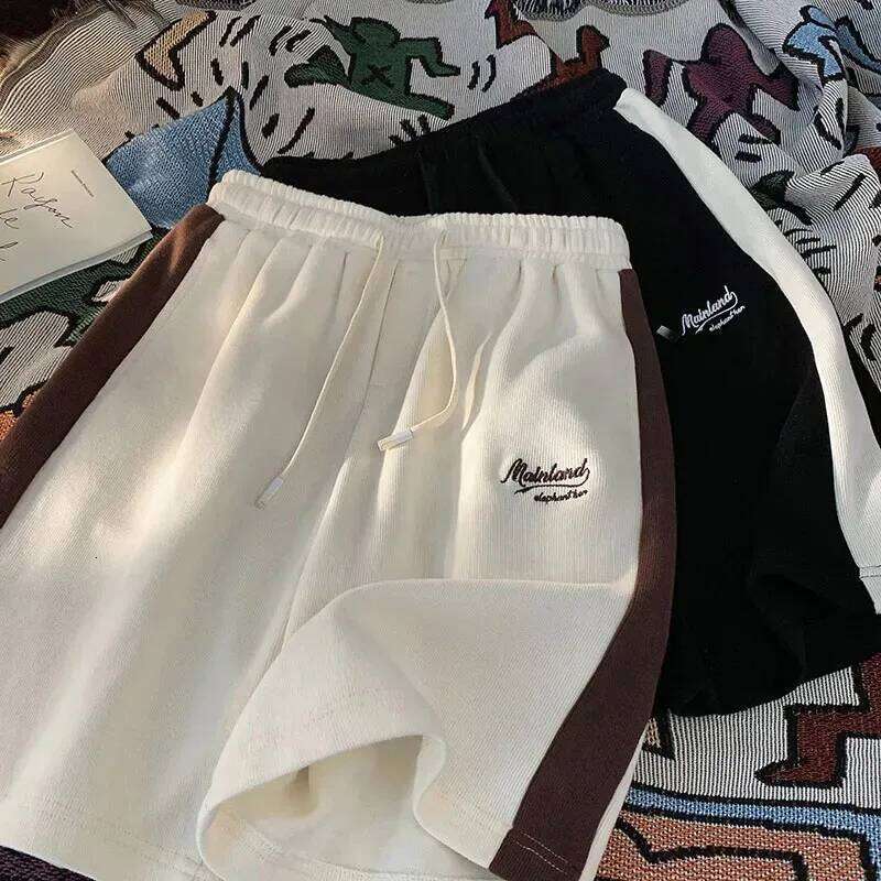 Y2K Letter Embroidery Striped Women Fashion Streetwear Jogging Sport Bf High Waist Loose All-Match Wide Leg Shorts XJ260206