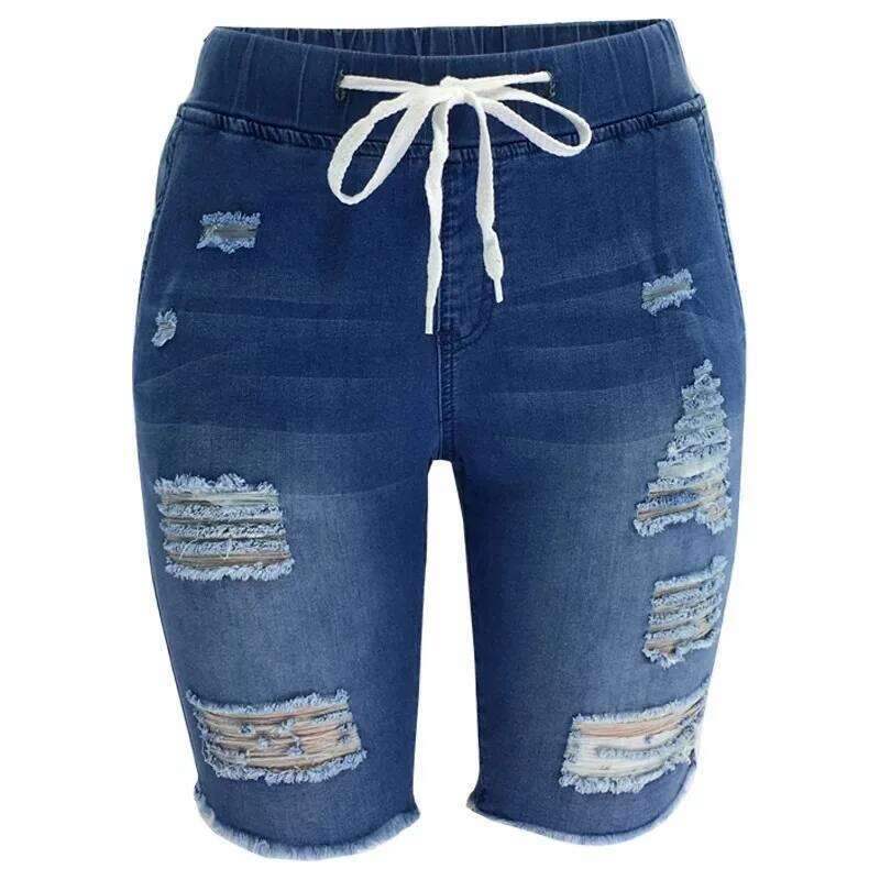 Shorts.Washed Ripped Mid-length Washed Jeans,New Fashionable Elastic Waist Drawstring Short Jeans for Women in Spring and Summer C260206