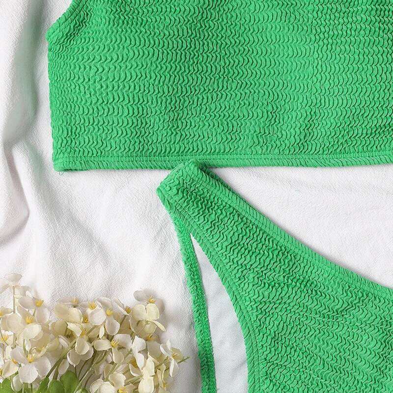 One Shoulder Bikini Textured Swimwear High Cut Swimsuit Solid Bathing Suit Women Brazilian 2024 Fashion Z260206