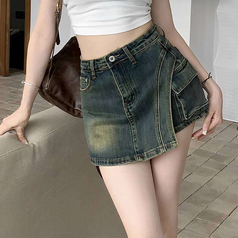 Fashion Design Niche Irregular Denim 2025 Summer New Big Pocket Hot Girl Slim Short Skirt C260206