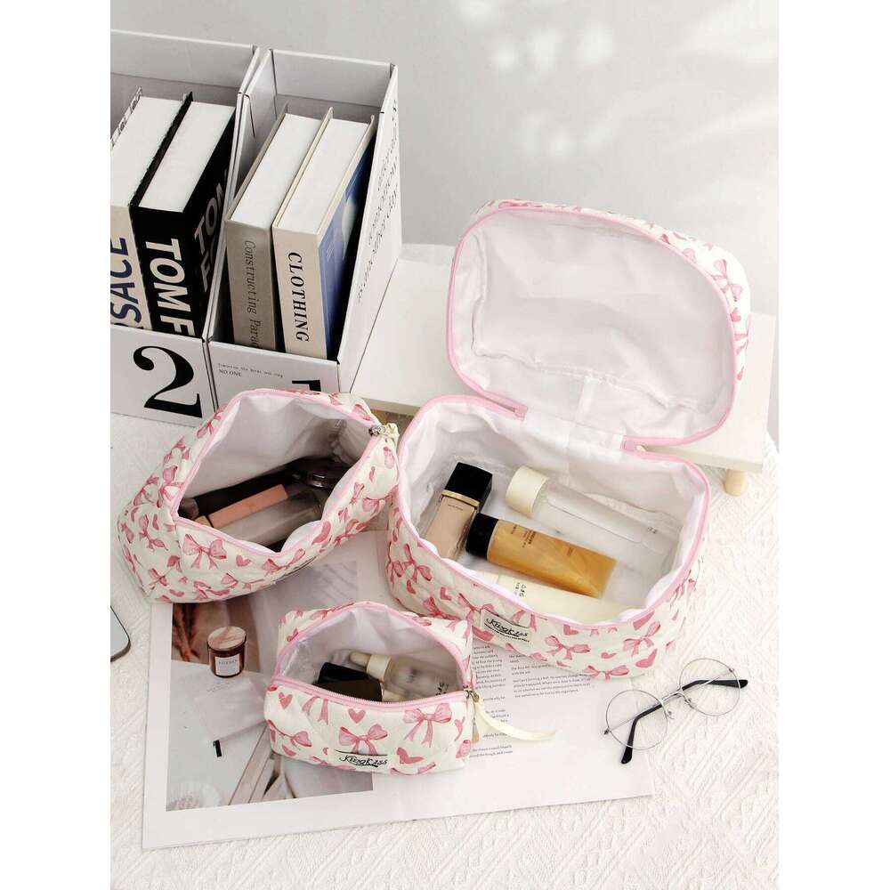 Bow Pattern Bag Set, Cute Cosmetic Large Capacity Travel Toiletry Bag, Zipper Makeup Organizer Pouch Y260206