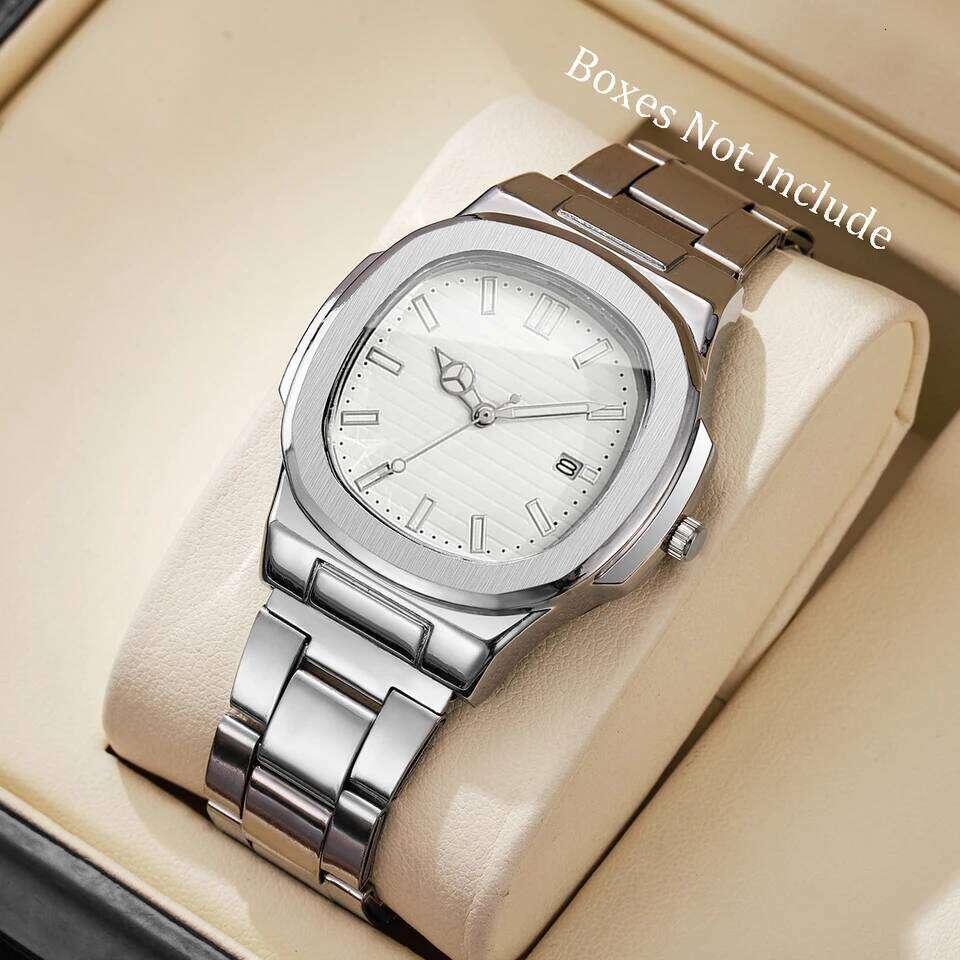 Men Fashion Wristwatches Business Square Dial Stainless Steel Strap Quartz Watch with Calendar For Mens ClockWithout Box Z260206