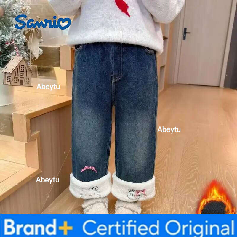 Sanrio Hello Kitty Jeans Warm Thickened Girls Children Baby Long Pants Autumn Winter New Casual Trousers Stylish Straight Leg H260206