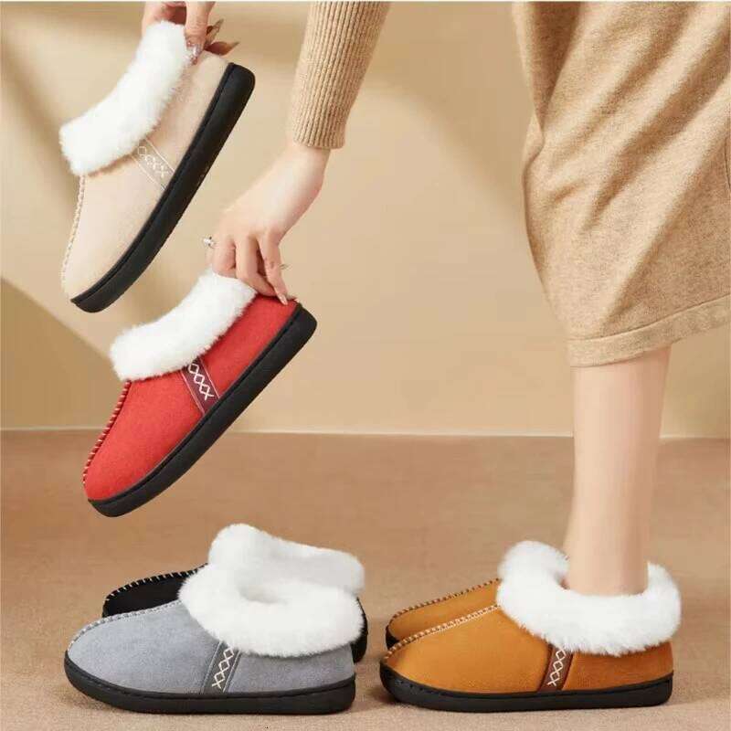 Fur Ankle Fluffy Women 2024 Winter Warm Plush Indoor Home Slippers Woman Faux Suede Closed Toe Soft Sole House Shoes