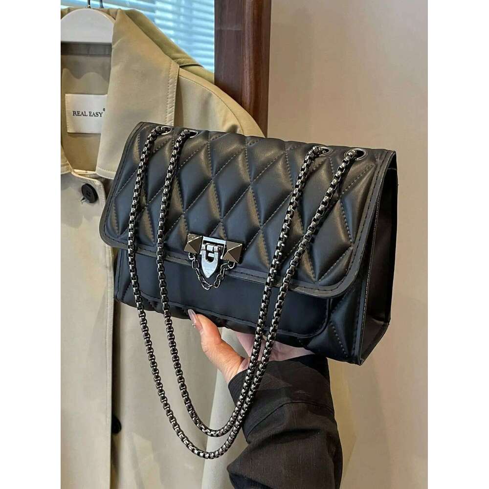 Fashionable Embossed Square Crossbody Diamond Pattern Metal Handbag All-Match Quilted Chain Bag Women's Classic Purse Y260205